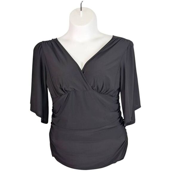 Kiyonna 1X Black Top Flutter Sleeves Faux Wrap Evening Vacation Goth Holiday - Picture 4 of 6